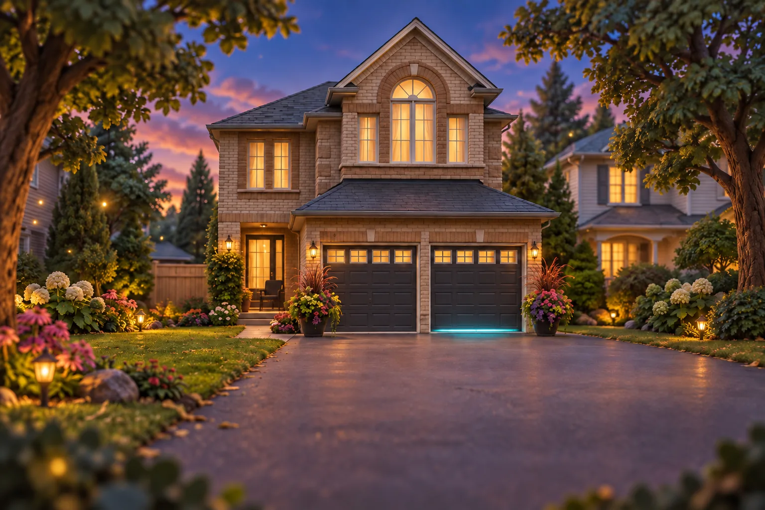 A miniature brick house with an arched window, glowing garage, garden and a wide driveway at twilight.